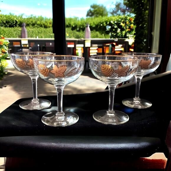 4 Libbey Gold Maple Leaf Champagne Glasses Cordial Wine Martini MAD MEN MCM - Picture 16 of 16